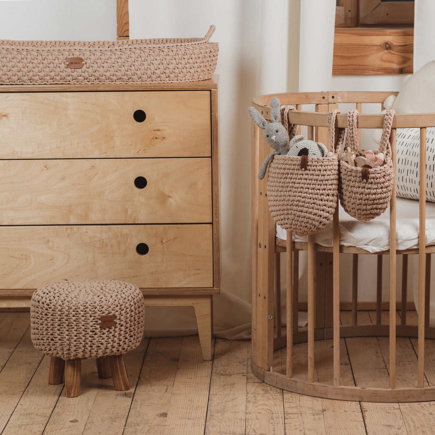Nursery crib organizer set of 2 crochet hanging pod knit storage organizer