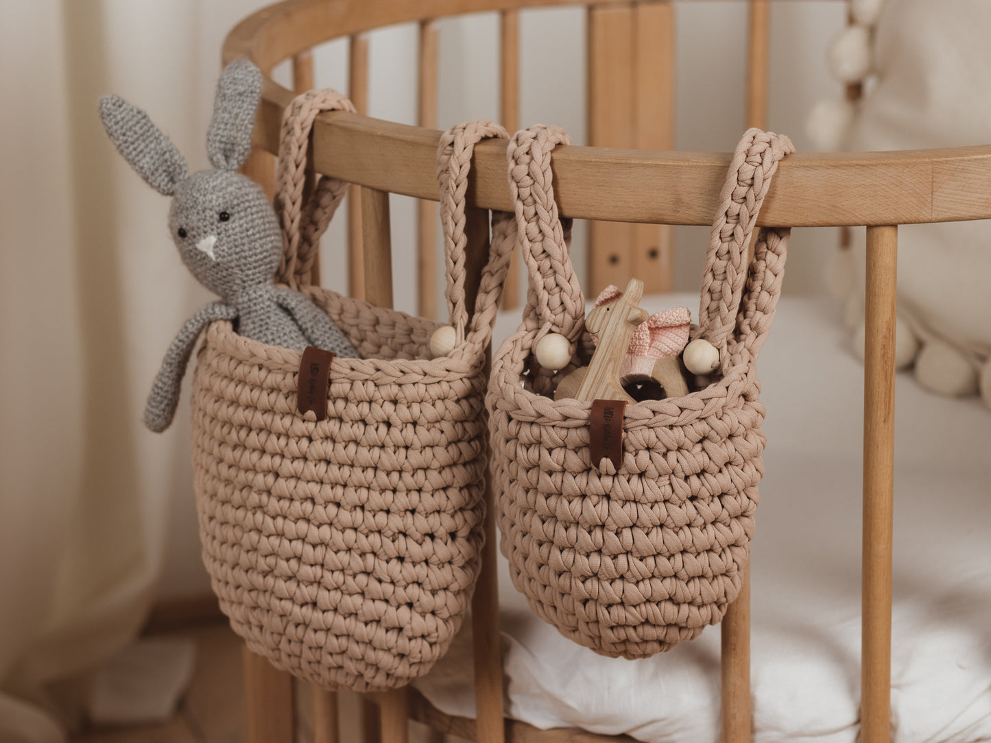 Nursery crib organizer set of 2 crochet hanging pod knit storage organizer