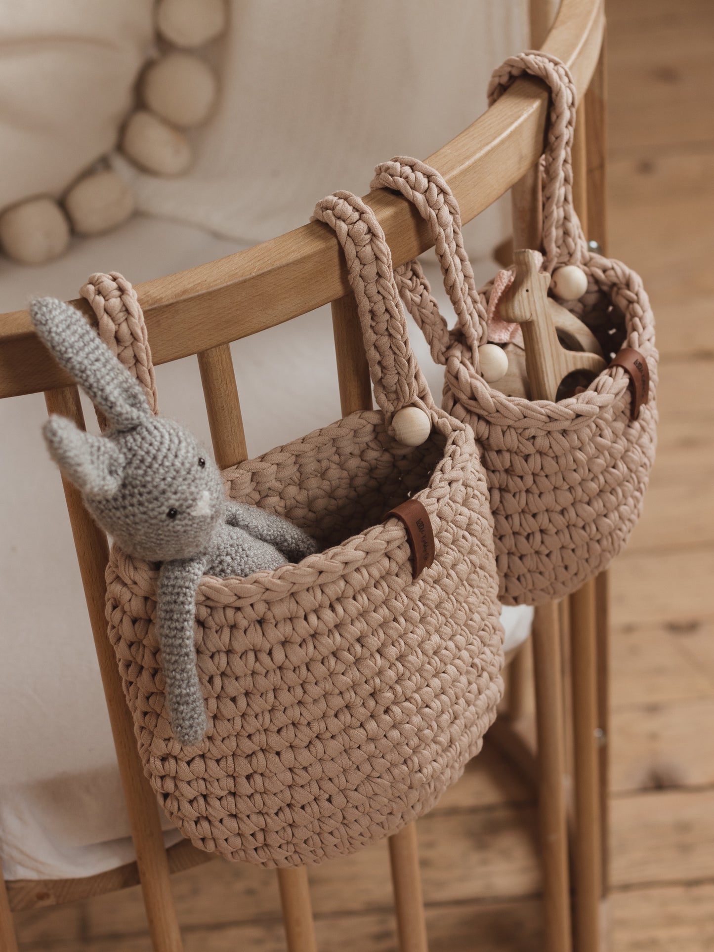 Nursery crib organizer set of 2 crochet hanging pod knit storage organizer