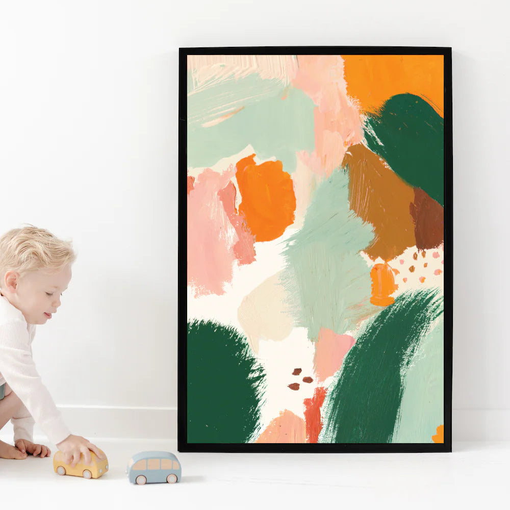 Abstract art print with colorful shapes on a white wall, child playing with toys below.